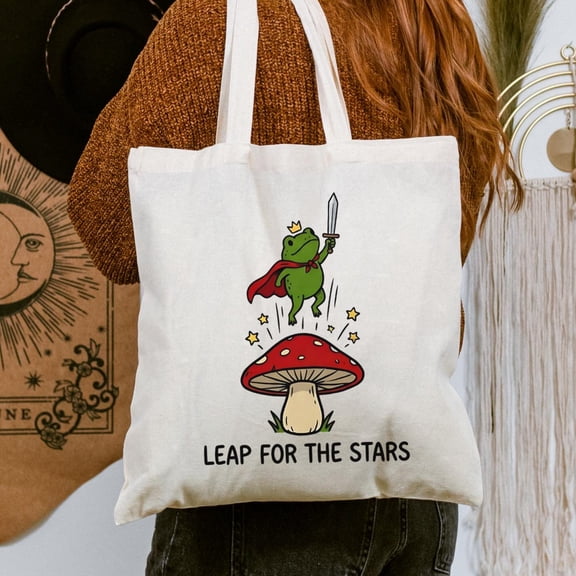 Leap For The Stars Frog Tote Bag Funny Frog Knight Gifts Mushroom Tote Bags 90s Style Y2K