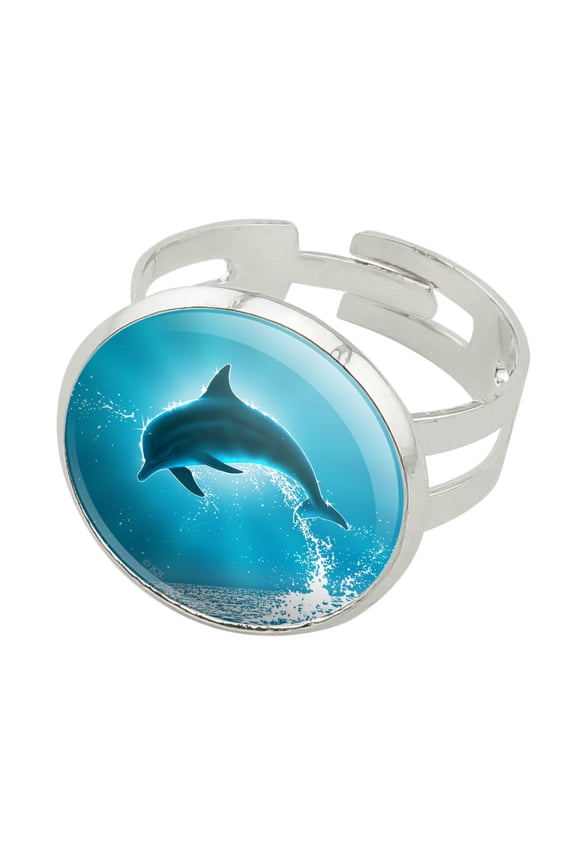 Leaping Dolphin Ocean Light Silver Plated Adjustable Novelty Ring