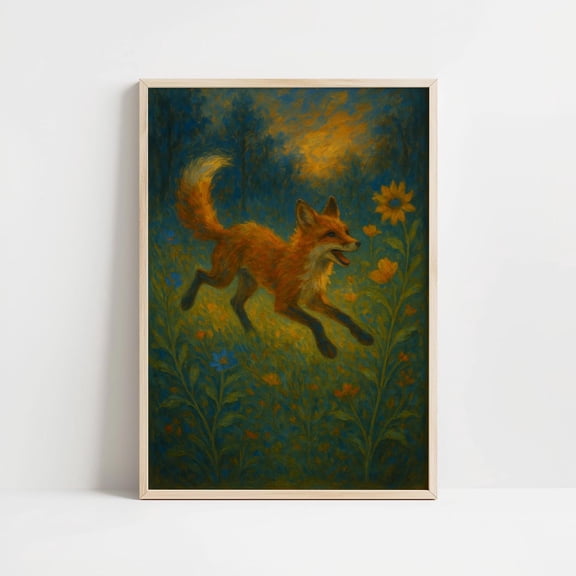 Leaping Fox Meadow Whimsical Wildlife, Unframed Paper Print Size 8x12