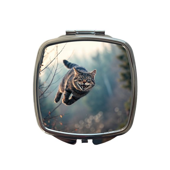Leaping Funny Cat Grinning Travel Makeup Handbag Purse Small Pocket Compact Mirror