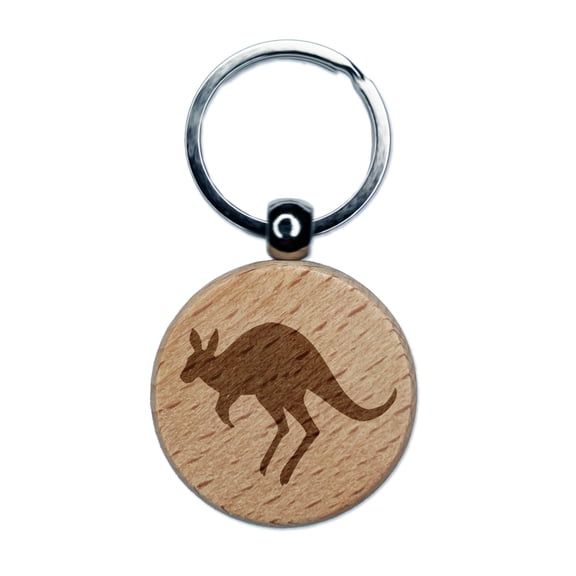 Leaping Red Kangaroo Silhouette Australian Marsupial Round Keychain Charm Tag - Engraved Wood