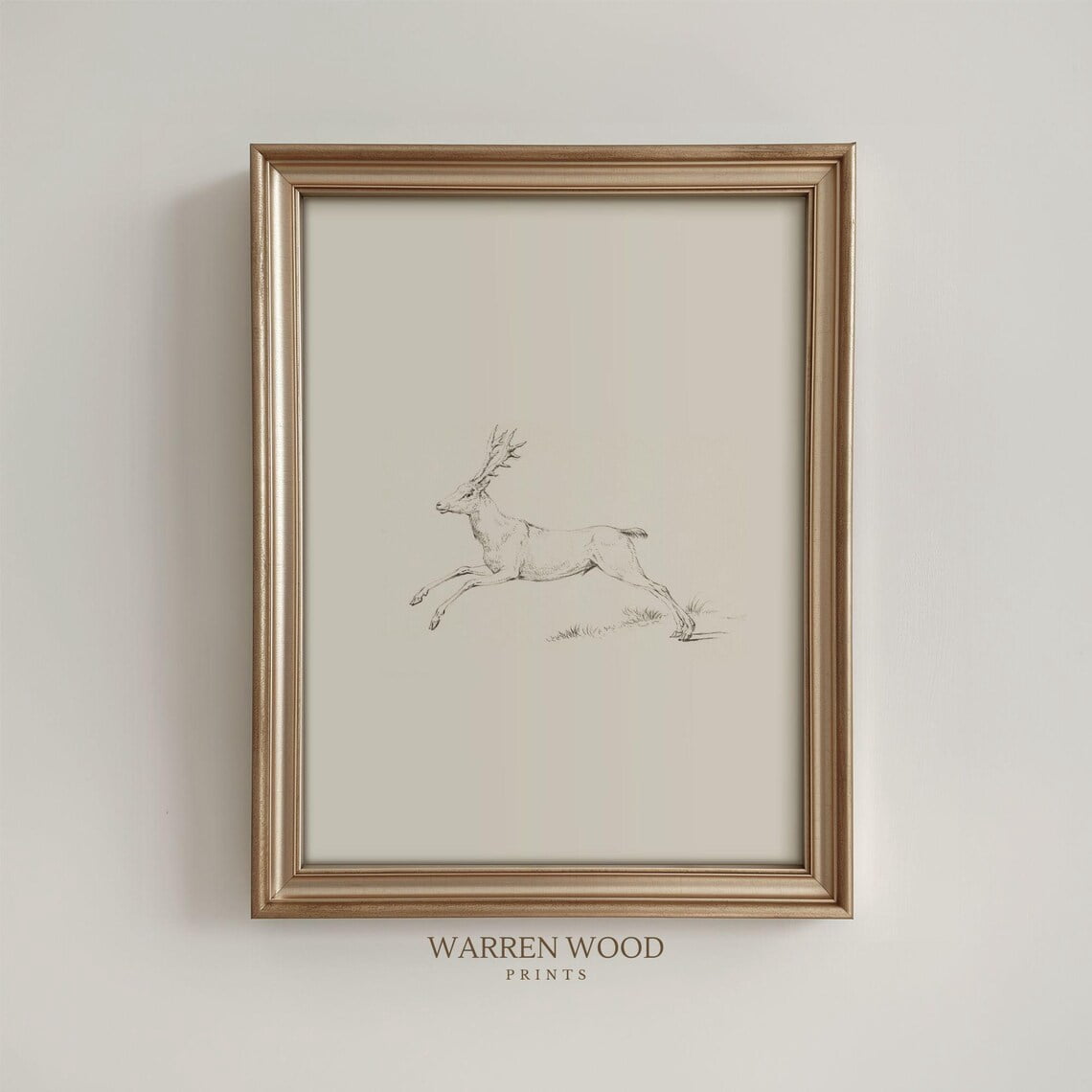 Leaping Stag Wall Art Print, Neutral Rustic Deer Illustration ...
