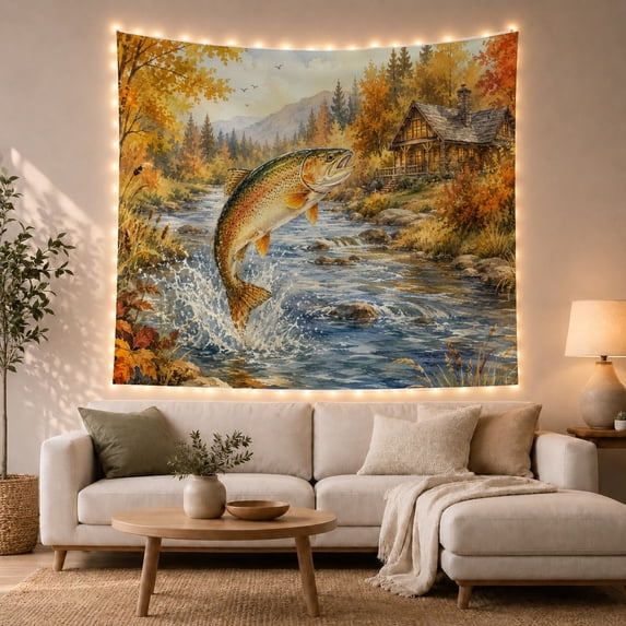 Leaping Trout by Autumn Cabin and Mountain Stream, Peaceful Rustic Style for Fishing Lovers, Cabin Wall Decor Father's Day Gift, Tapestry Wall Hanging for Cabin and Living Room