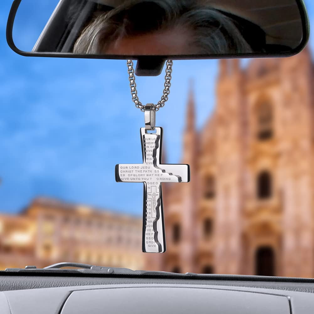 LeapoFaith Pendant for Car Rear View Mirrors, Decorative Jesus Cross Charm  for Cars Automobiles, Car Hanging Accessories Ornament,Stainless Steel