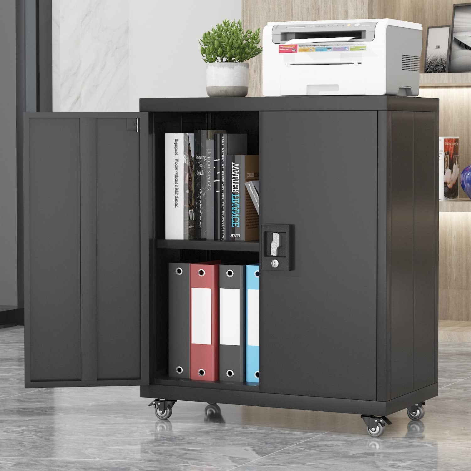 Leariso Metal Storage with Wheels,Lockable Steel Storage