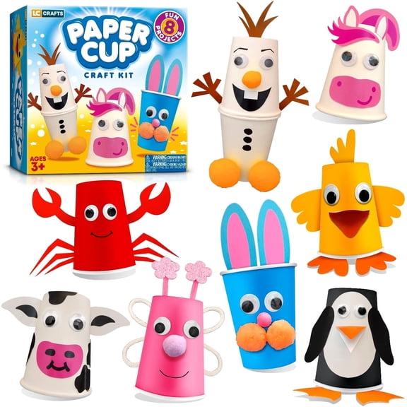 Learn & Climb Arts and Crafts Kit for Kids Ages 3-8, Crafts for Kids Art Set to Create 8 Animal Crafts, Paper Cup Craft Kit with Supplies & Instructions