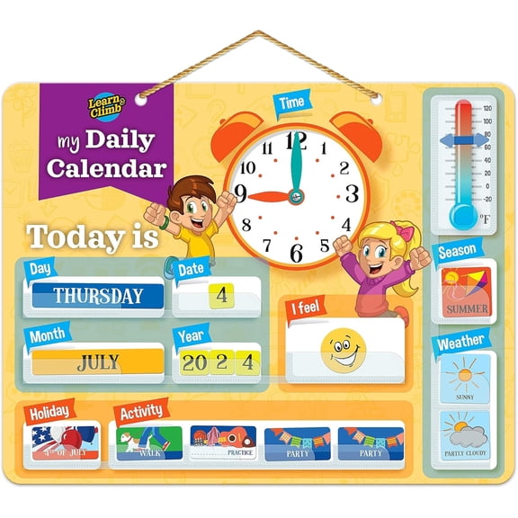 Learn & Climb Kids Daily Calendar Magnetic, Hang on Wall or Fridge for Home or School. (Yellow)
