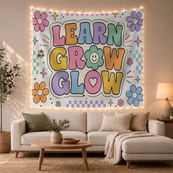 Learn Grow Glow Text on Off-White Background with Retro Daisies, Whimsical Retro for Teachers, Inspirational Flower Art, Back to School Gift, Tapestry Wall Hanging for Classroom and Dorm