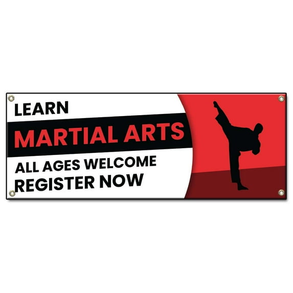 Learn Martial Arts All Ages Welcome Register Now | 24" X 72" Banner | Heavy Duty 13oz. Outdoor Vinyl Single Sided With Grommets | Made in The USA