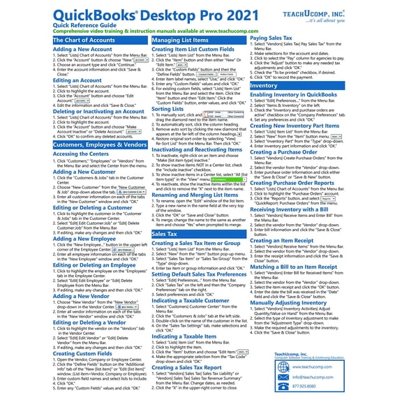Learn QuickBooks Desktop Pro 2021 Quick Reference Training Card - Laminated Tutorial Guide Cheat Sheet of Instructions, Tips & Shortcuts
