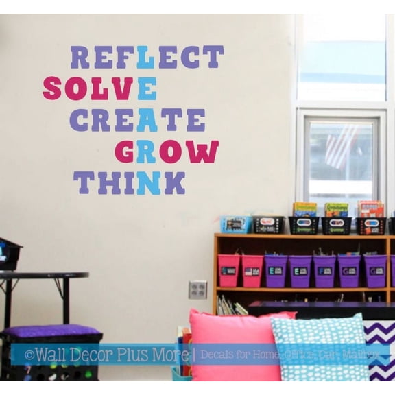Learn Reflect Solve Create Grow Think School Classroom Wall Decoration Decal Word Art Vinyl Sticker 23x19-Inch Ice Blue, Purple, Hot Pink