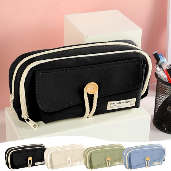 Learner Stationery Bag Large Capacity Canvas Storage Organizer with Button Closure Three Layers for Pens and Supplies High Appearance Succinct Design for Classroom College and Office Use Topliu
