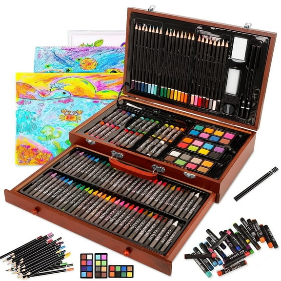 Xueyu All in One 140 PCS Wooden Art Supplies Set with Drawer, Unleash Your Creativity with a Diverse Array of Premium Tools, Including Brushes, Crayons and Watercolors for Every Artistic Endeavor
