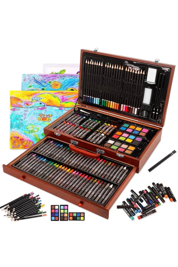 All in One 140 PCS Wooden Art Supplies Set with Drawer, Unleash Your Creativity with a Diverse Array of Premium Tools, Including Brushes, Crayons and Watercolors for Every Artistic Endeavor