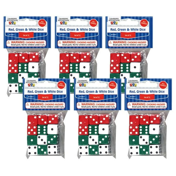 Learning Advantage Dot Dice - Red/Green/White - 12 Per Pack - 6 Packs