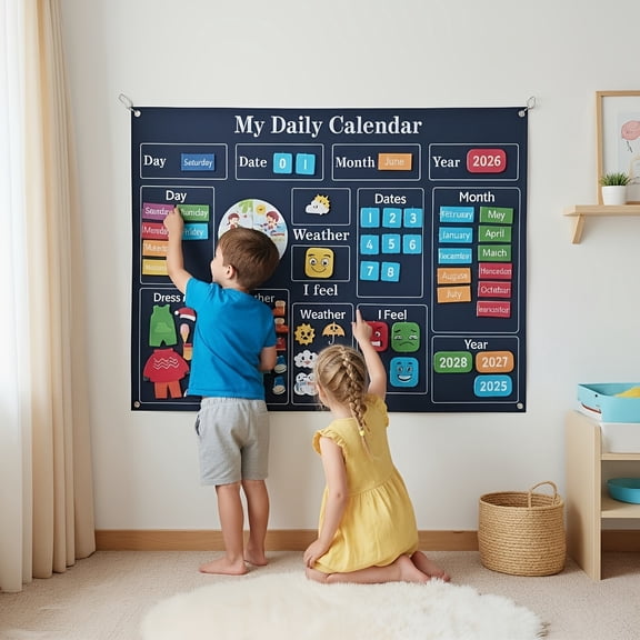 Learning Calendar, Blue Bear Themed Educational Storyboard, 1 Pack Wall Hanging Daily Calendar Board with Date Month Week Weather Dress Up and Mood Learning Sections fors Preschool Kinde
