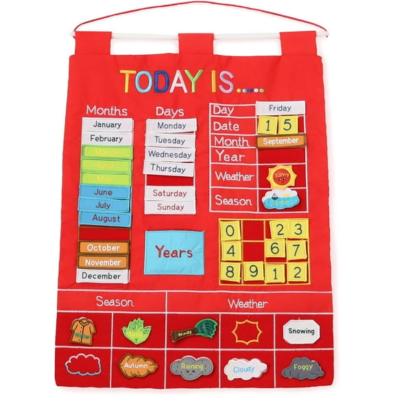 Learning Calendar Wall Chart - Homeschool Supplies, Interactive Pocket Chart for Toddlers & Kids - Preschool Learning Activity Board, Circle Time Board for Classroom - Red Today is