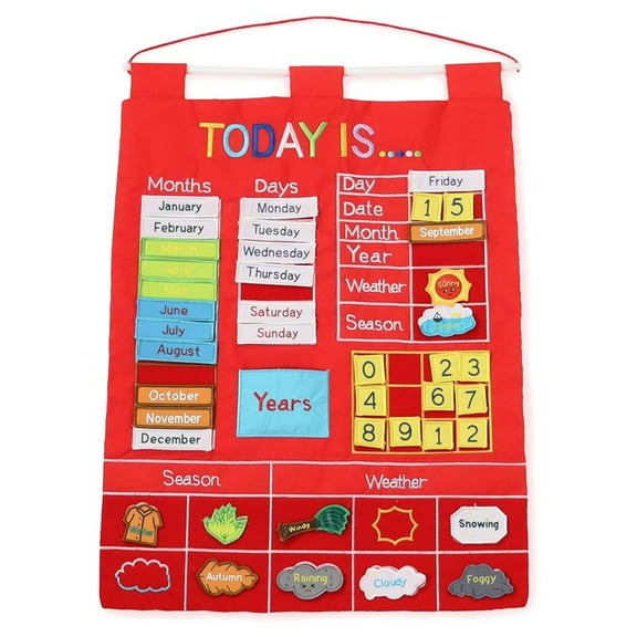 Learning Calendar Wall Chart - Homeschool Supplies, Interactive Pocket Chart for Toddlers & Kids - Preschool Learning Activity Board, Circle Time Board for Classroom - Red Today Is
