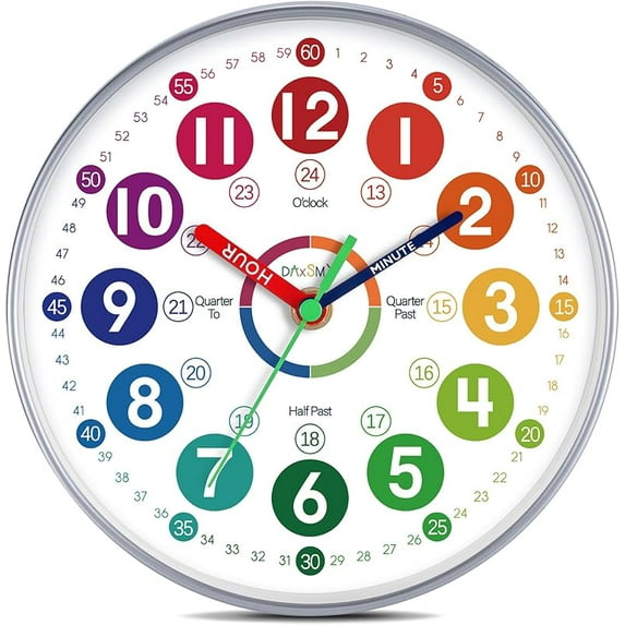 Learning Clock for Kids Learning to Tell Time Easily Colorful Teaching Time Clock Teaching Clock Silent Non Ticking Battery Operated Decorative for Kids Room Classroom School Bedroom (8 Inch)