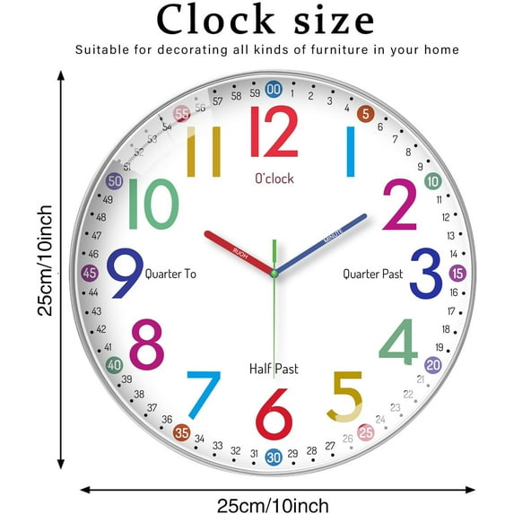 Learning Clock for Kids, Telling Time Teaching Clock, Silent Analog Kids Clock for Teaching Time, Kids Room Wall Decor for Bedrooms, for School Classrooms Playrooms and Kids Bedrooms (ET104)