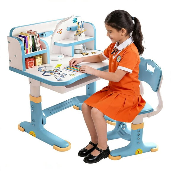 Learning Desk Chair Set Height Adjustable, Kids Desk and Chair Set with Bookstand Child's School Study Writing Tables with Drawer Wide Desktop, Suitable for Reading, Learning, Writing, Painting