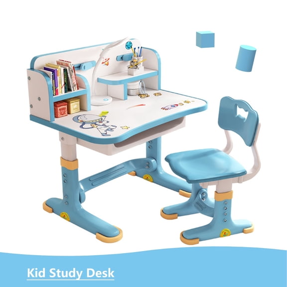 Learning Desk Chair Set Height Adjustable, Kids Desk and Chair Set with Bookstand Child's School Study Writing Tables with Drawer Wide Desktop, Suitable for Reading, Writing, Painting, Blue
