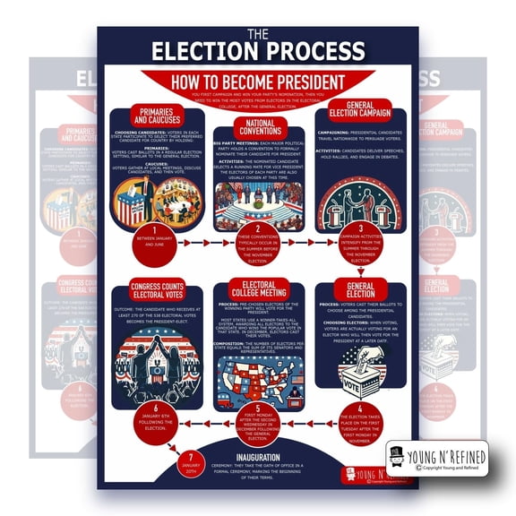 Learning Election Process chart LAMINATED poster for classroom clear teaching tool for schools Young N Refined (18x24)