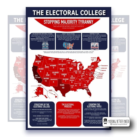 Learning Electoral College chart LAMINATED poster for classroom clear teaching tool for schools Young N Refined (18x24)