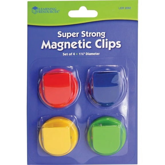 Learning Resources-2PK Learning Resources Super Strong Magnetic Clips Set - 1.5" Diameter - 50 Sheet Capacity - for Whiteboard, Folder - 4 / Pack - Assorted - LRNLER2692