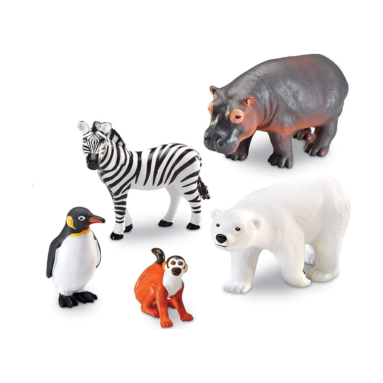 Jumbo Zoo Animal Figures Set with Polar Bear, Zebra, Hippo, Monkey, and Penguin