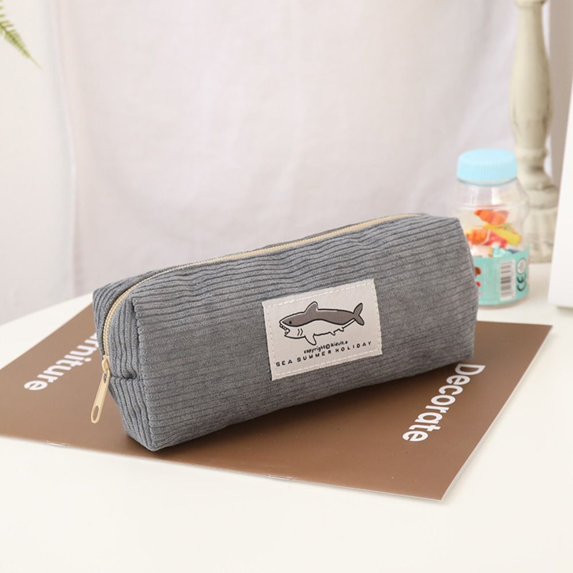Learning Supplies Dirt-resistant Gift Large-capacity Corduroy Shark Pencil Box Pen Bag Stationery Organizer Pen Case DRAK GREY