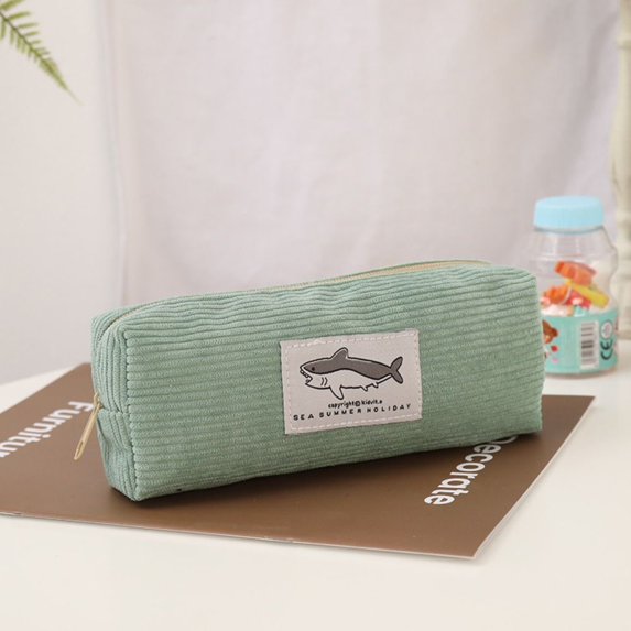 Learning Supplies Dirt-resistant Gift Large-capacity Corduroy Shark Pencil Box Pen Bag Stationery Organizer Pen Case GREEN