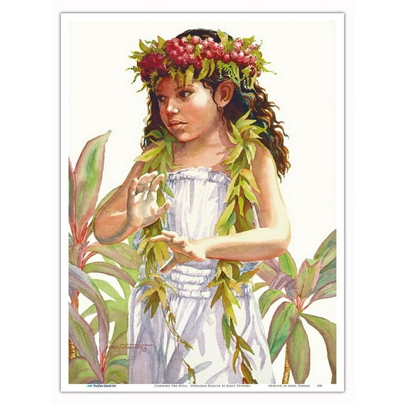 Learning The Hula (E Hula ʻAna Mai Kākou) - Hawaiian Dancer - From an Original Watercolor Painting by Janet Stewart - Master Art Print (Unframed) 9in x 12in