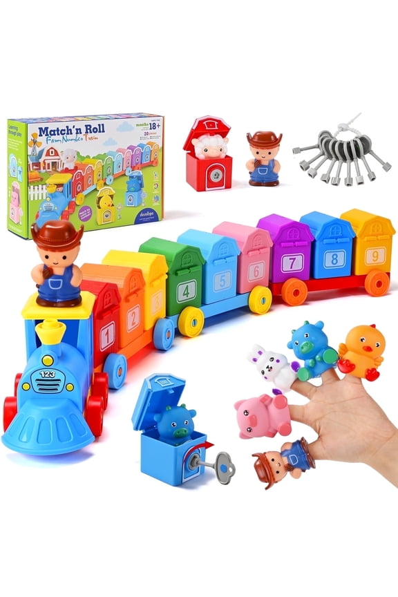 Farm Train Learning Toy, Counting, Matching & Sorting Montessori Learning Animal Set Including 9 Farm Animals and 1 Farmer, Easter Christmas Birthday Gift for for Toddlers