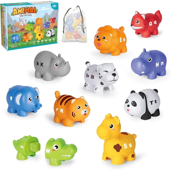 Learning Toys for 2 3 4 Year Old, 52 Pcs ABC Animal Alphabet Match Game with Uppercase Lowercase, 10 Different Animal Figures, Preschool Activities Montessori Fine Motor Toys for Toddlers Kids