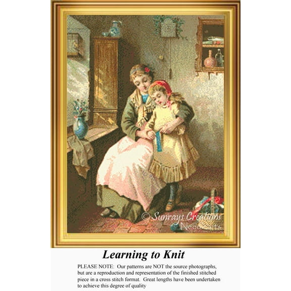 Learning to Knit, Vintage Counted Cross Stitch Pattern (Pattern Only, You Provide the Floss and Fabric)