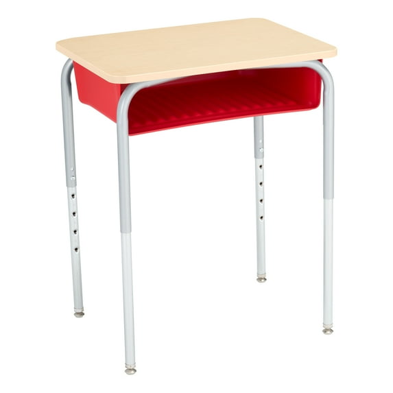 Learniture Open Front School Desk with Book Box for Kids, Students, and Classrooms - Adjustable Height Maple/Red (2-Pack)