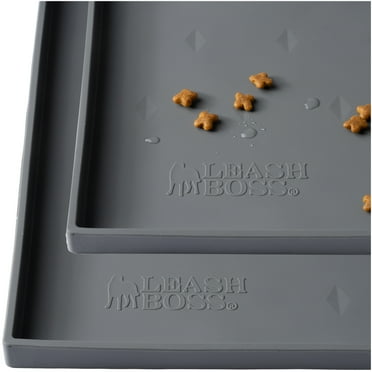 Leashboss Dog Mat for Food and Water Bowls - Silicone Waterproof Cat and Dog Feeding Mats for Floor - Non Slip with Raised Edges to Prevent Spills, Rubber Pet Dish Placemat - Multiple Size| Gray(XL)