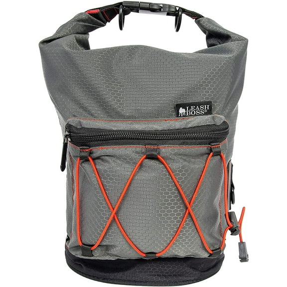 Leashboss | KibbleGo Dog Food Travel Bag Container | Water-Resistant Roll Top Storage with Carry Strap and Waste Bag Dispenser | For Travel, Road Trips, Camping | 30 Cup, 10 lb Capacity | Gray