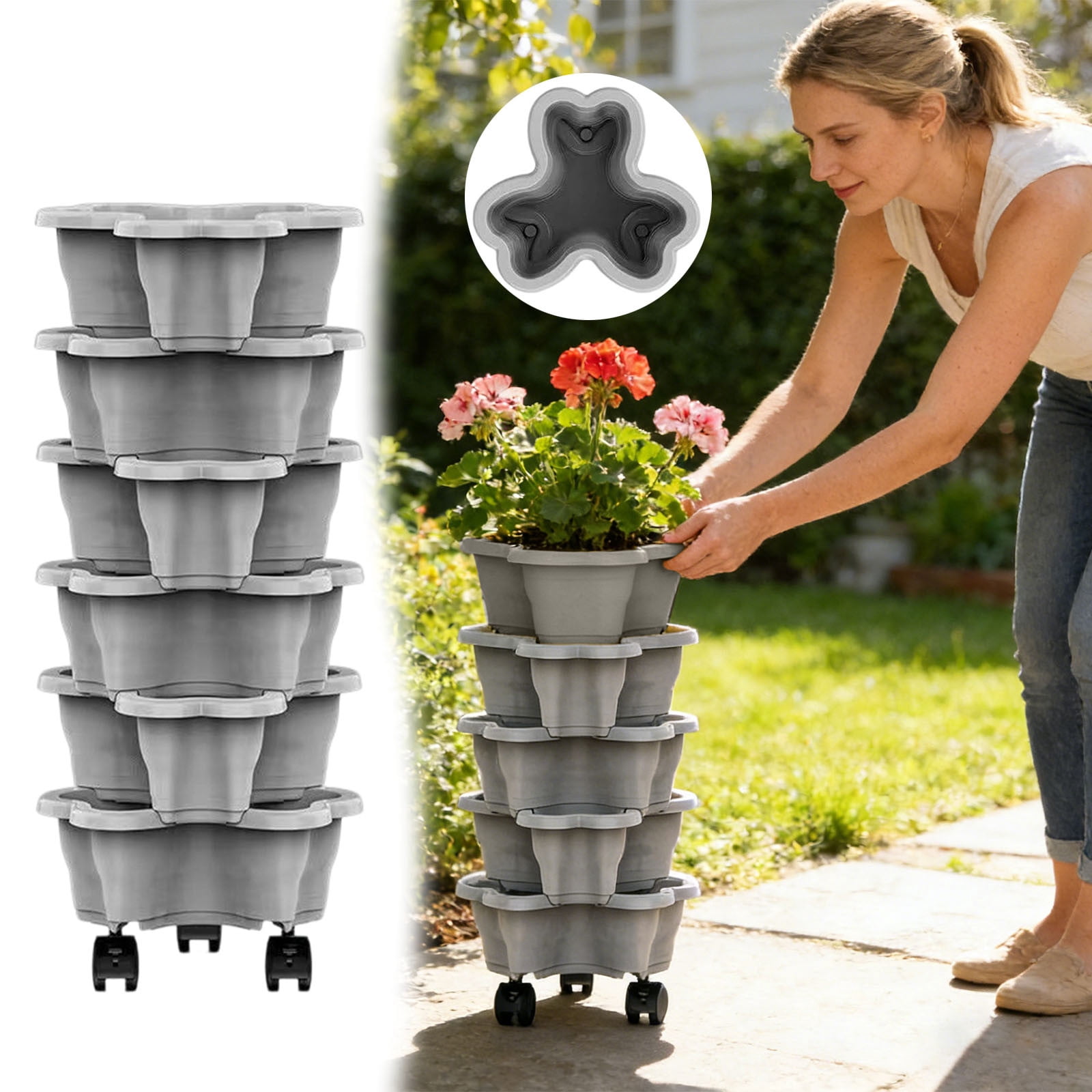 Leatfisat 6 Tier Vertical Planter Stackable Tower Planters Strawberry Herb Flower And Vegetable Pots Indoor Outdoor Gardening Pots With Removable Wheels(Light Gray)