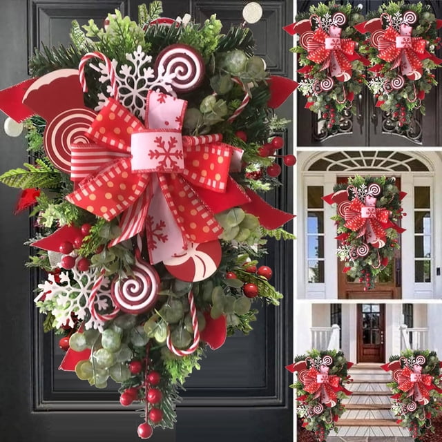 Leatfisat Christmas Candy Cane Wreath For Front Door Red White Teardrop ...