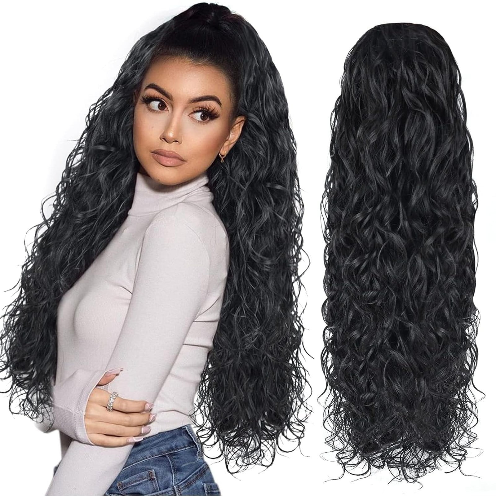Leatfisat Curly Ponytail Hair Extension Black Curly Heat Resistant Synthetic Instant Clip Drawstring Ponytail Clip In Long Ponytail Hair Extensions Curly For Black Women
