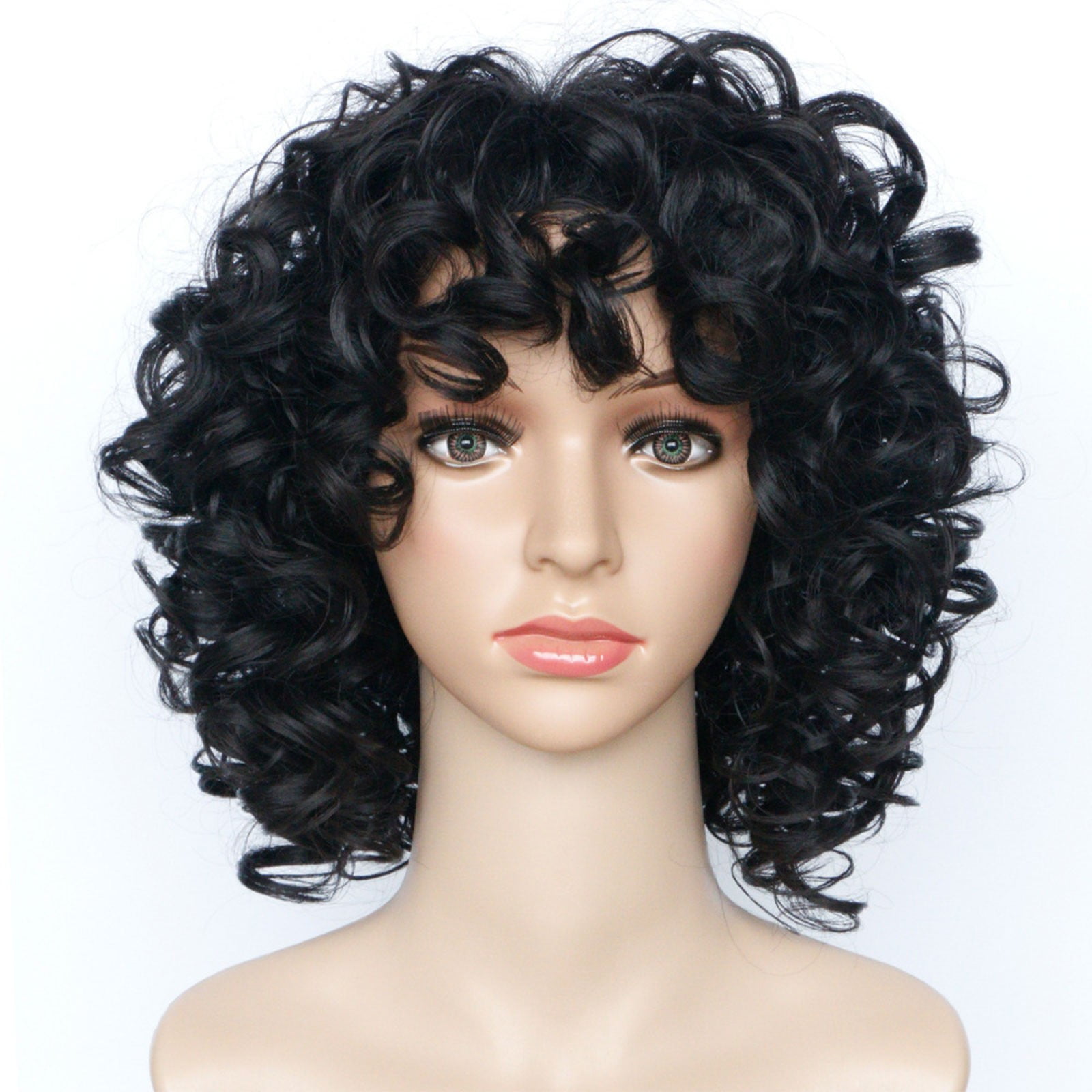Leatfisat Curly Wigs For Black Women 13.6" Short Kinky Curly Black Wig With Bangs Cute Natural Synthtic Soft Wig