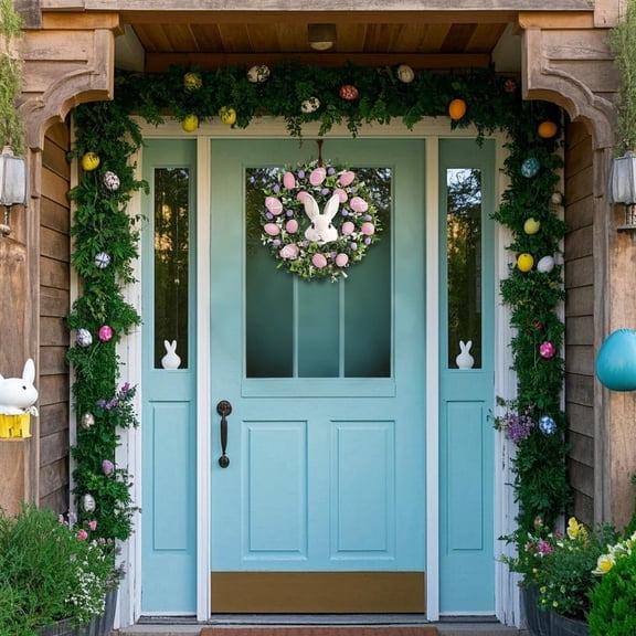 Leatfisat Easter Wreath,Easter Decor 9.8 In Easter Font Door Wreath With Easter Bunny And Colorful Flowers And Decorative Eggs, Spring Front Door Decoration For Home Party And Holiday Celebrations