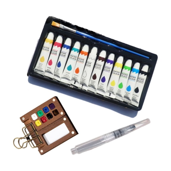 Leatfisat Mini Watercolor Set,Travel Watercolor Set,Wooden Palette,With 12 Color Paints,Wooden Grid Paint Box For Painters Artists Students