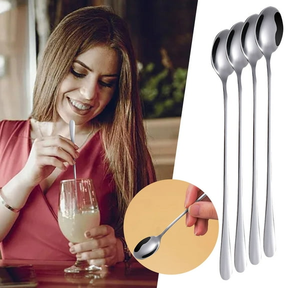 Leatfisat Set Of 4 Stainless Steel Long Handle Iced Tea Spoons, 9 Inch Mixing Spoons For Coffee, Cocktails, And Beverages