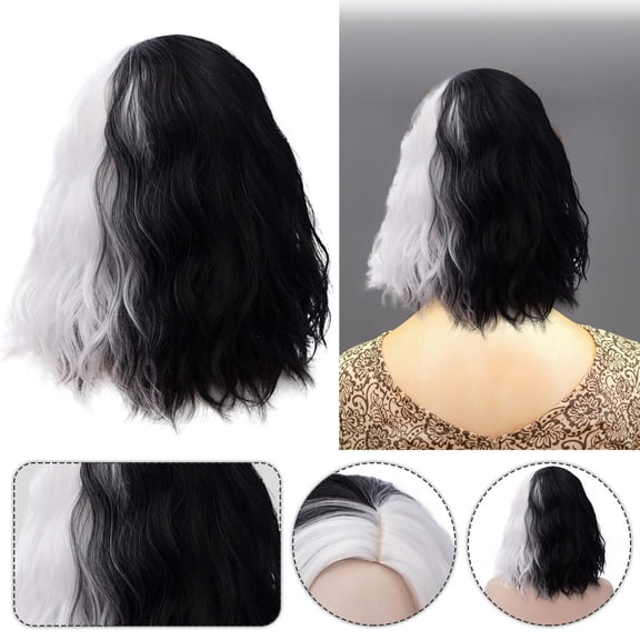 Leatfisat Short Bob Wavy Curly Wig Black And White Wig For Women Role Play Halloween Wigs Heat Resistant Bob Party Wig Include Wig Cap (Black And White)