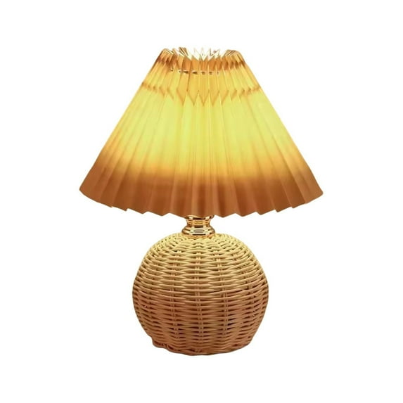 Leatfisat Small Wicker Lamp Table Pleated Lampshade Usb, Vintage Bedside For Farmhouse Decoration