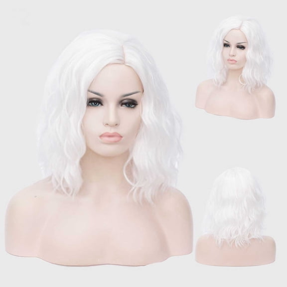 Leatfisat White Wigs For Women Short Curly Bob Side Part Wig Girls Shoulder Length Body Wavy Hair Wig White Heat Resistant Synthetic Halloween Role Play Daily Party Wigs