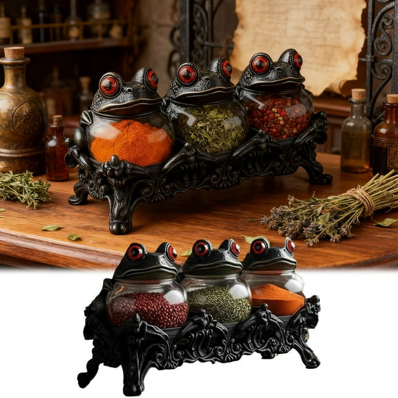 Leatfisat Witchy Frog Spice Jars Set, Handcrafted Glass Containers With Decorative Frog Lids For Kitchen Storage And Gothic Home Decor